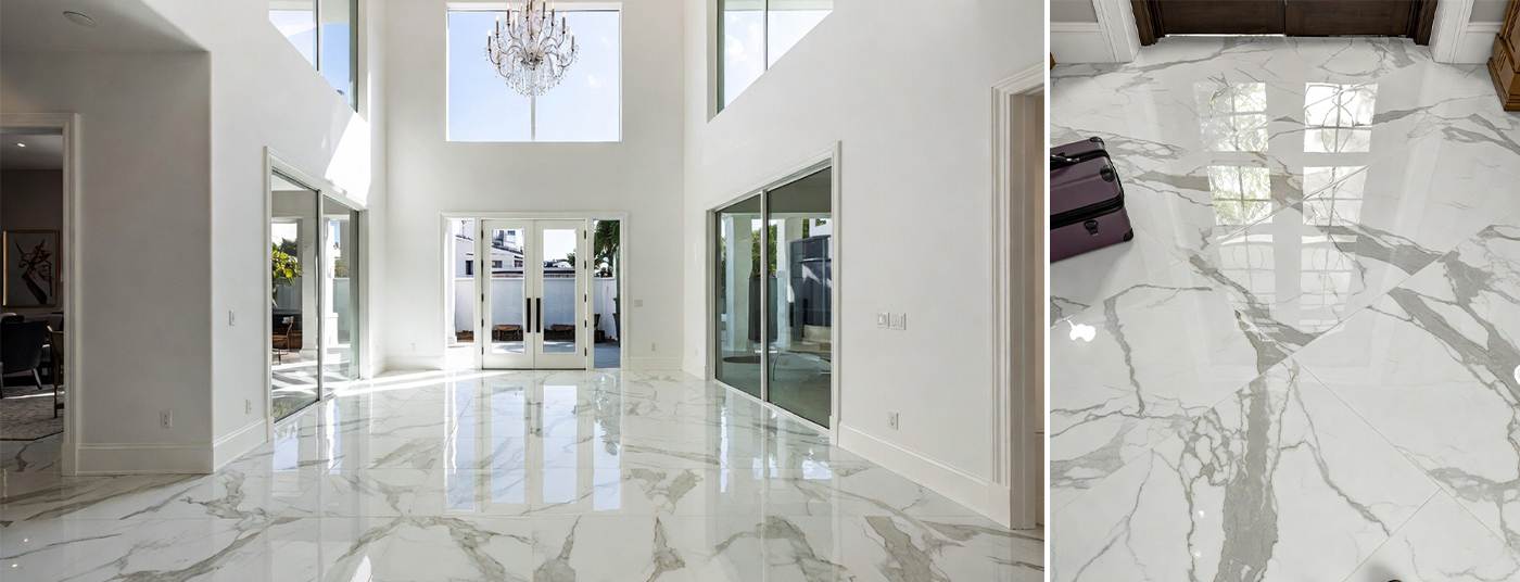Grand Entrance Foyer – Classic Carrara White Porcelain Marble Tile