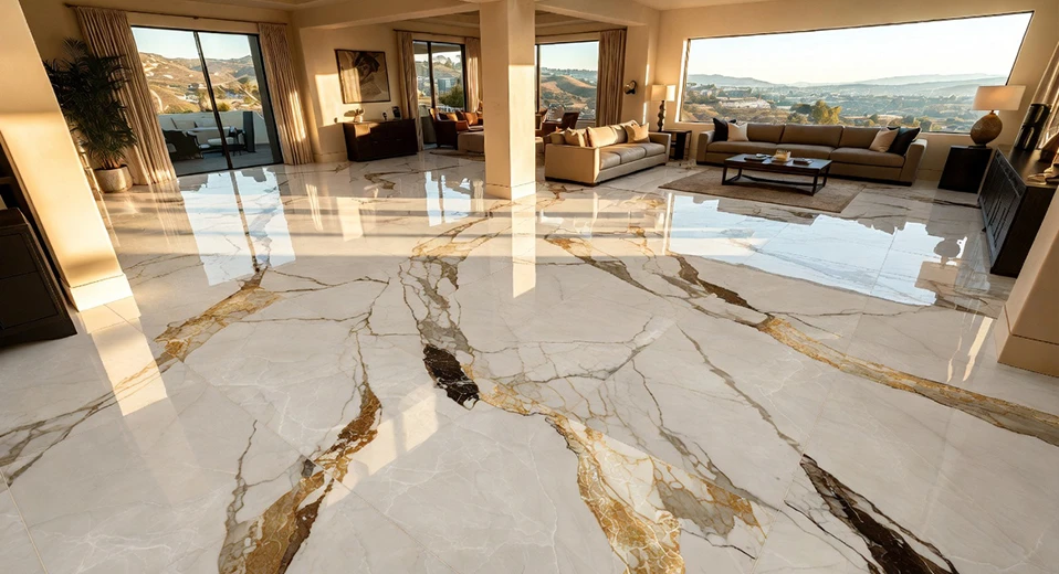 Spacious Living Room &ndash; Calacatta Gold Porcelain Marble Tile