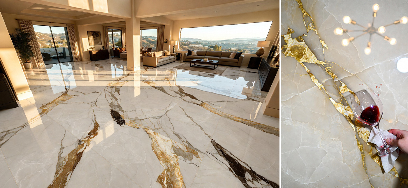 Spacious Living Room – Calacatta Gold Porcelain Marble Tile